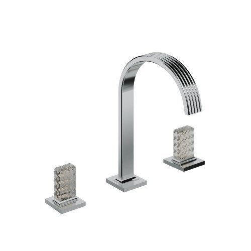 Treemme Kea batteria lavabo 195mm con maniglie a led cromo Cromo Lucido ambientato su piano bagno con accessori...