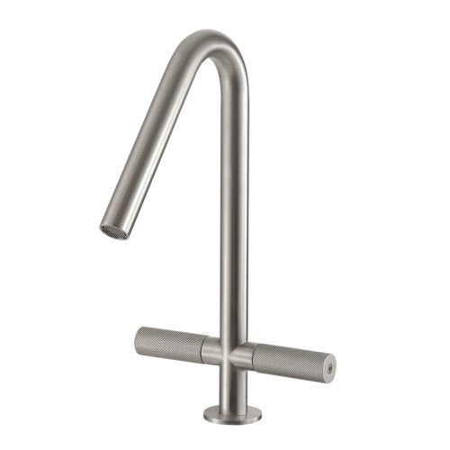 Treemme 22mm IT6014IS2GZZ miscelatore lavabo monoforo inox Acciaio in satinato ambientato su piano bagno con accessori...