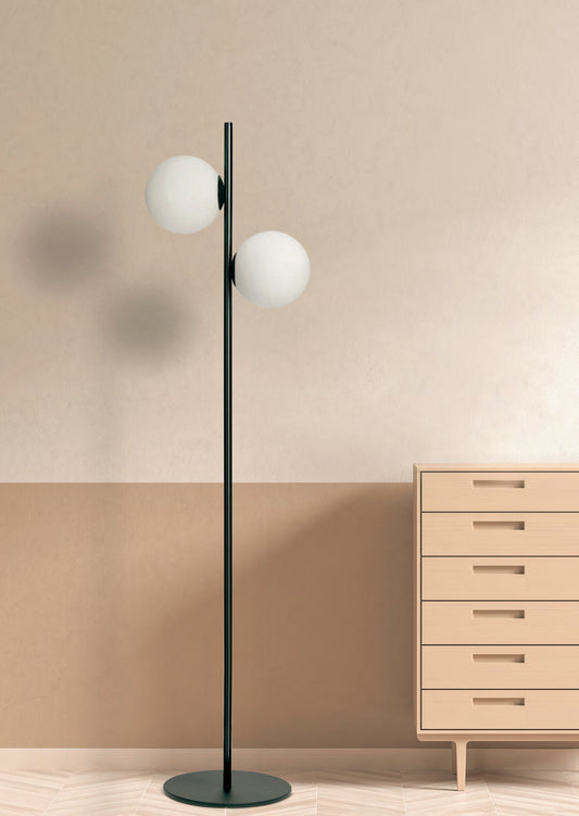 Miloox Jugen black edition lampada a pavimento vetro soffiato bianco e montatura nera