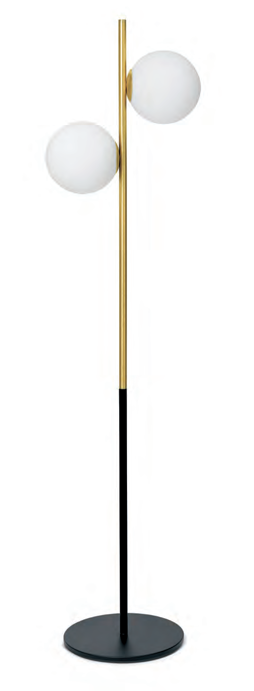Lampada da pavimento in vetro bianco nero e ottone spenta, dettaglio del corpo lampada e dei materiali