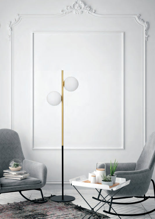 Lampada da pavimento in vetro bianco montatura nera e ottone spazzolato Jugen Miloox