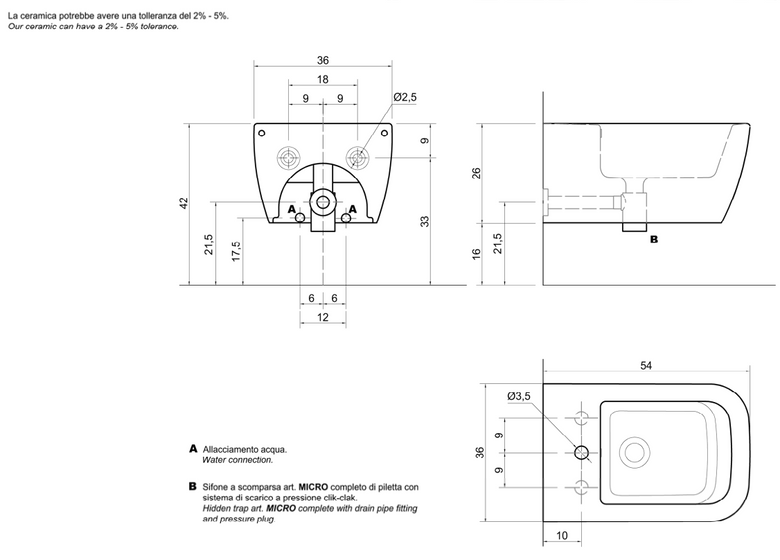 Antonio Lupi Komodo4 Bidet Sospeso In Ceramica Bianco visto dall'alto con scarico e interno visibili - Antonio Lupi Design