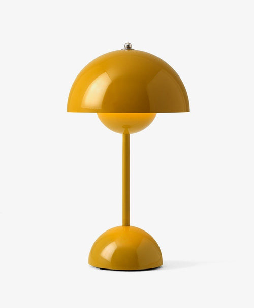 &Tradition Flowerpot VP9 Lampada ricaricabile mustard Mustard Yellow spenta, dettaglio del corpo lampada e dei materiali
