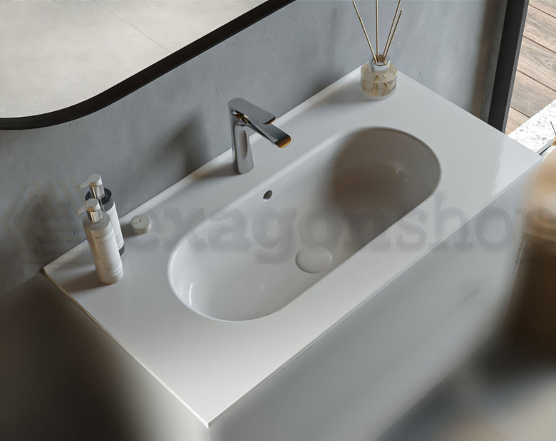Mobile bagno dark grey 100x45 Modena lavabo in ceramica, dettaglio ravvicinato della finitura e del cassetto - Exagonshop