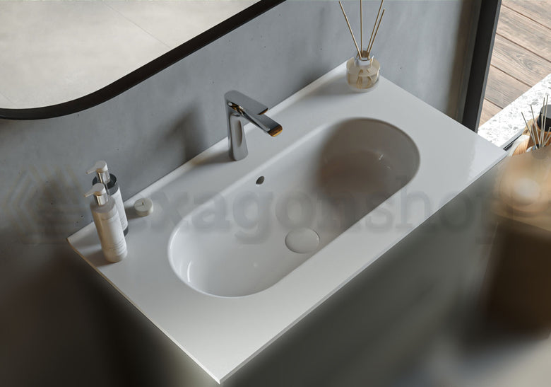 Mobile bagno clear grey 80x45 Modena lavabo in ceramica Grigio, vista dall'alto del piano con lavabo - Exagonshop