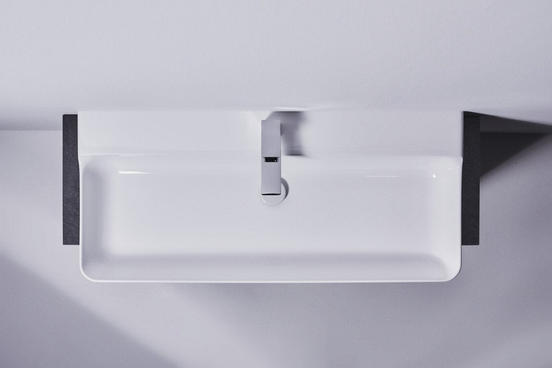 Lavabo 100x45 Rettangolare sospeso o appoggio con, vista frontale su sfondo bianco