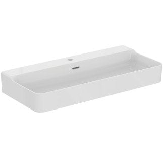 Lavabo 100x45 Rettangolare sospeso o appoggio con in ceramica ambientato su piano bagno con accessori