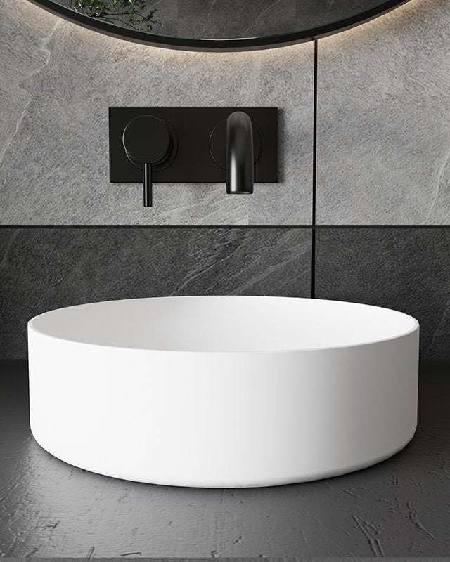 Lavabo 36 cm da appoggio Torino solid surface bianco opaco visto dall'alto con scarico e interno visibili - Exagonshop