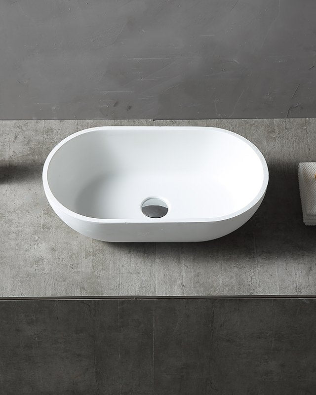 Lavabo 56x32 da appoggio Sondrio solid surface bianco opaco, vista laterale del profilo e della forma - Exagonshop