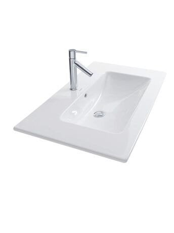 Lavabo 83x49 monoforo per colonna o mobile bagno Bianco Me ambientato su piano bagno con accessori