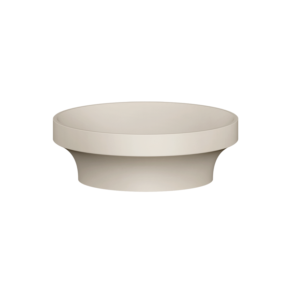 Lavabo da appoggio 445 mm senza troppopieno in cristalplant ambientato su piano bagno con accessori