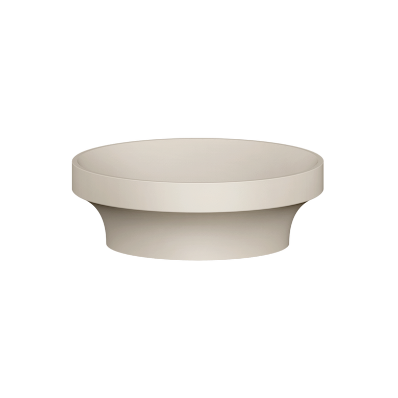 Lavabo da appoggio 445 mm senza troppopieno in cristalplant ambientato su piano bagno con accessori
