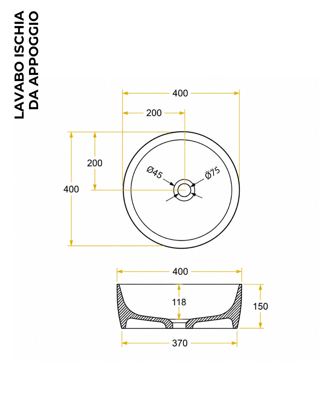 Lavabo 40 cm ciotola da appoggio Ischia in resina ambra