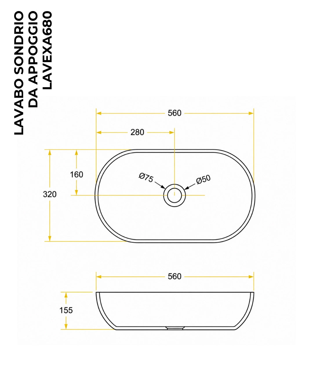 Lavabo 56x32 da appoggio Sondrio solid surface bianco opaco