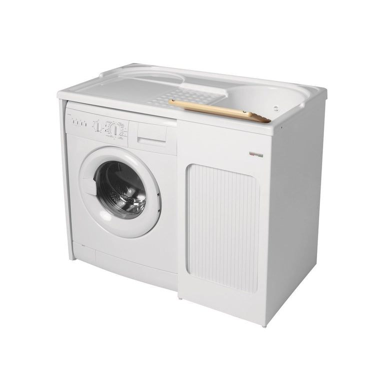 Colavene Lavacril lavatoio 106x60 lavatrice a sinistra con in abs installato su lavello, vista della bocca e della leva