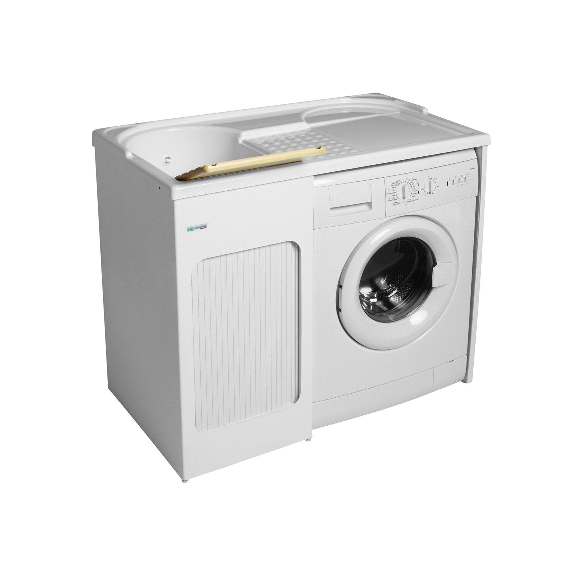 Colavene Lavacril lavatoio 106x60 lavatrice a destra con in abs installato su lavello, vista della bocca e della leva