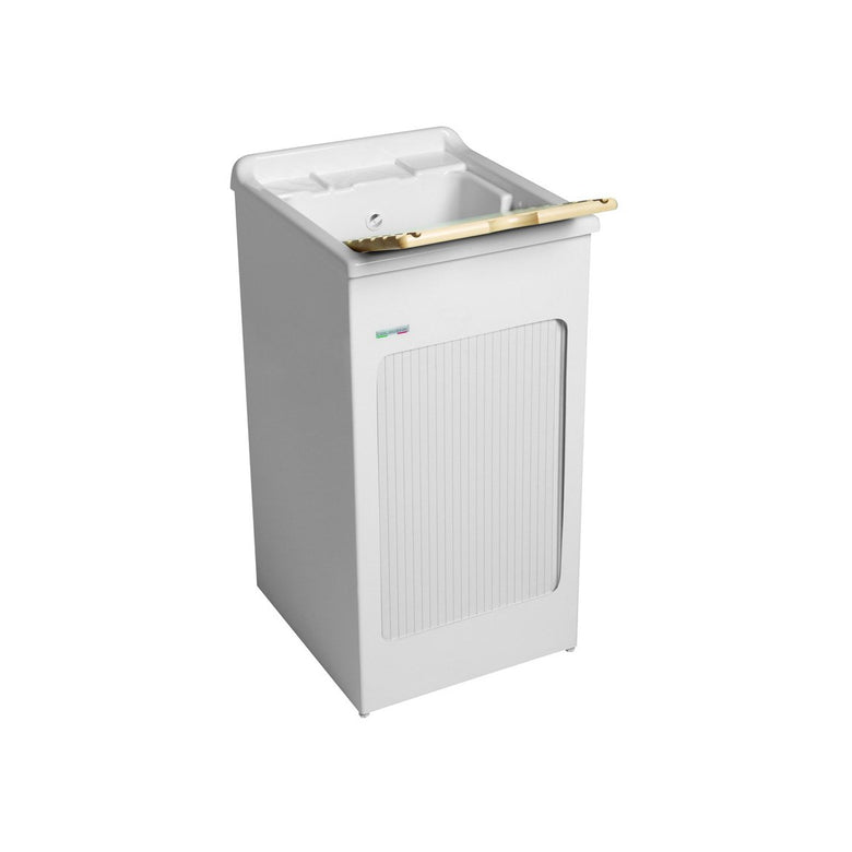 Colavene Lavacril lavatoio 45x50 con serrandina in abs installato su lavello, vista della bocca e della leva