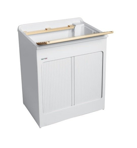 Colavene Lavacril lavatoio 75x50 con serrandina in abs in naturale installato su lavello, vista della bocca e della leva
