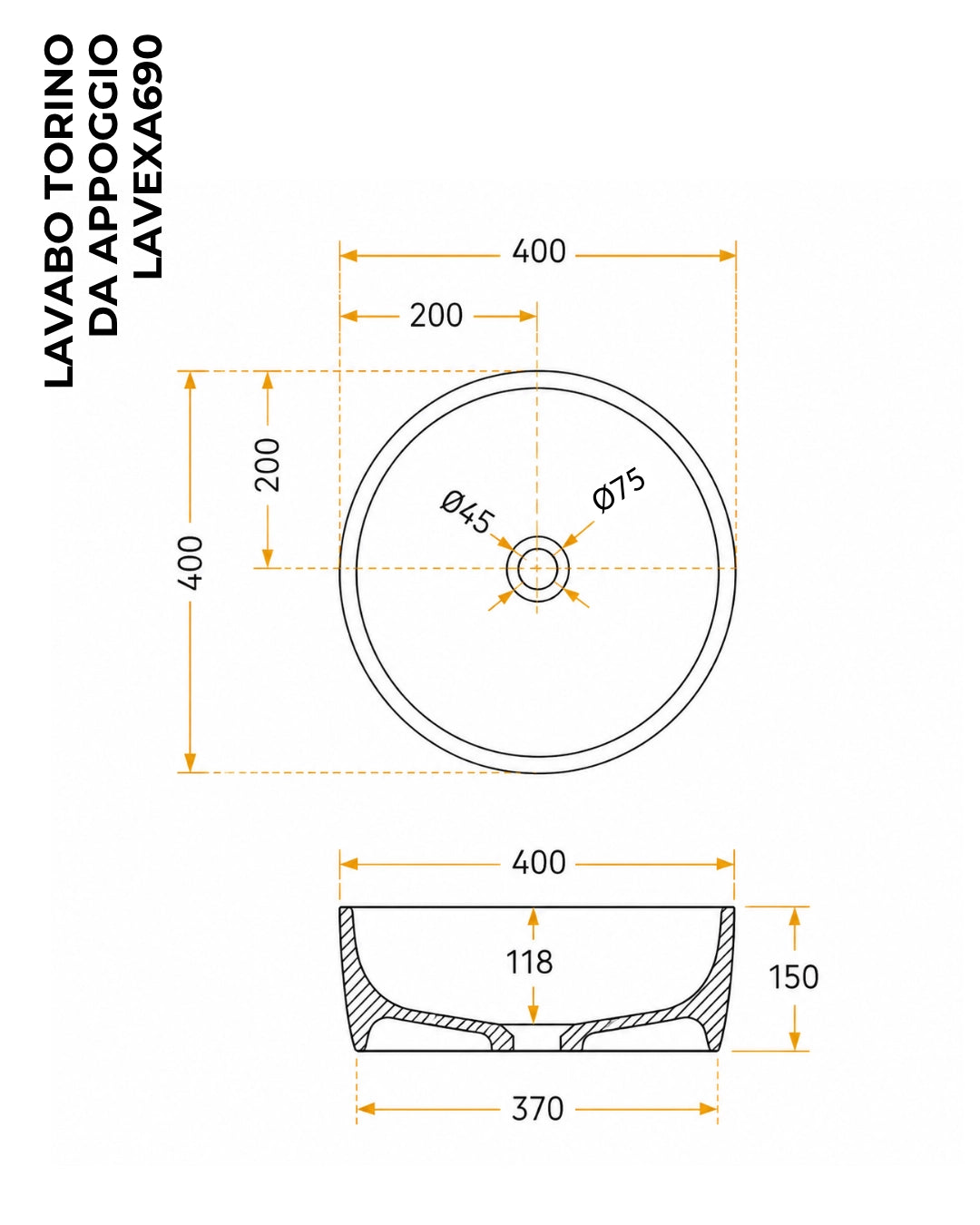 Lavabo 40 cm da appoggio Torino solid surface bianco opaco