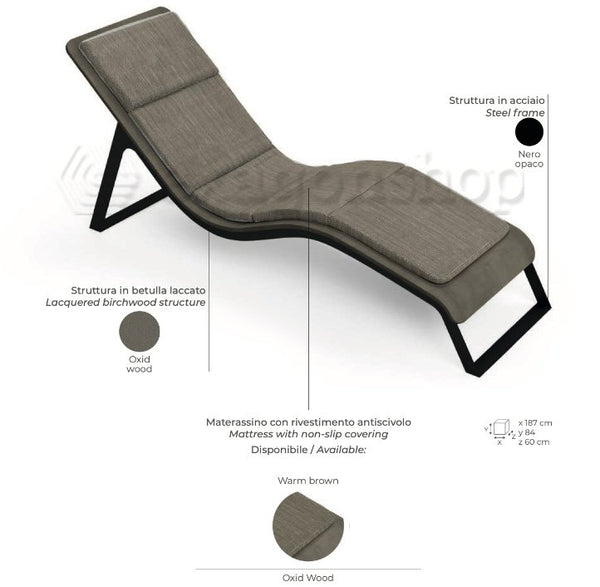 Novellini divina chaise longue lettino sdraio da esterno in legno di betulla con materassino imbottito oxid wood/warm brown