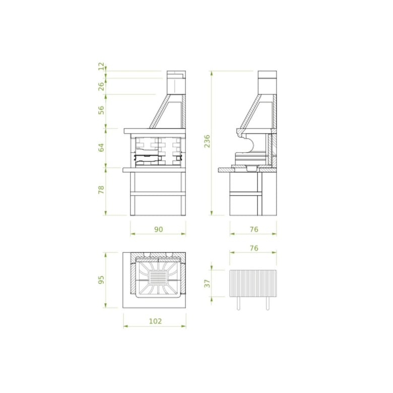 Palazzetti Levanzo barbecue angolare destro grezzo con Gray, vista laterale che mostra profilo e dimensioni