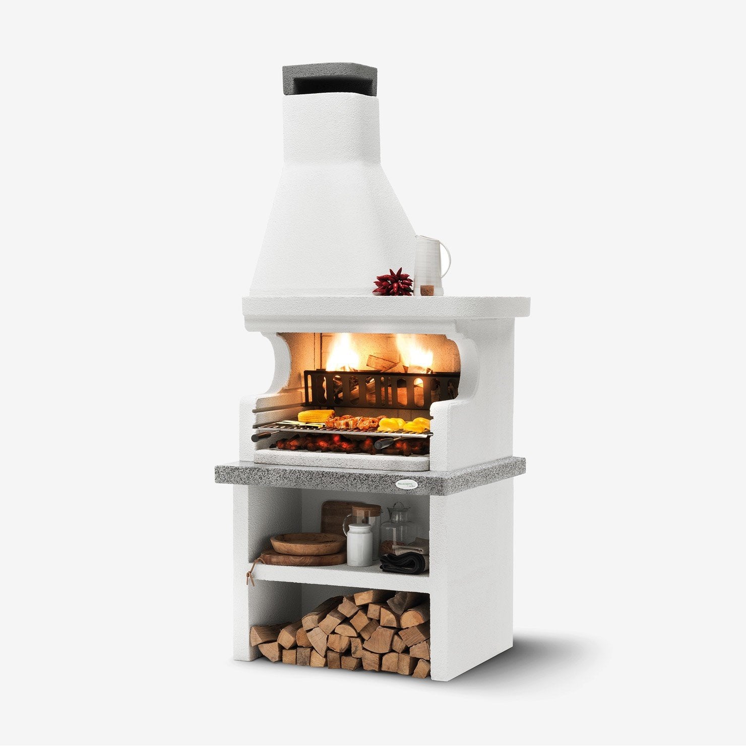 Palazzetti Levanzo barbecue angolare sinistro grezzo con Grey, vista laterale che mostra profilo e dimensioni