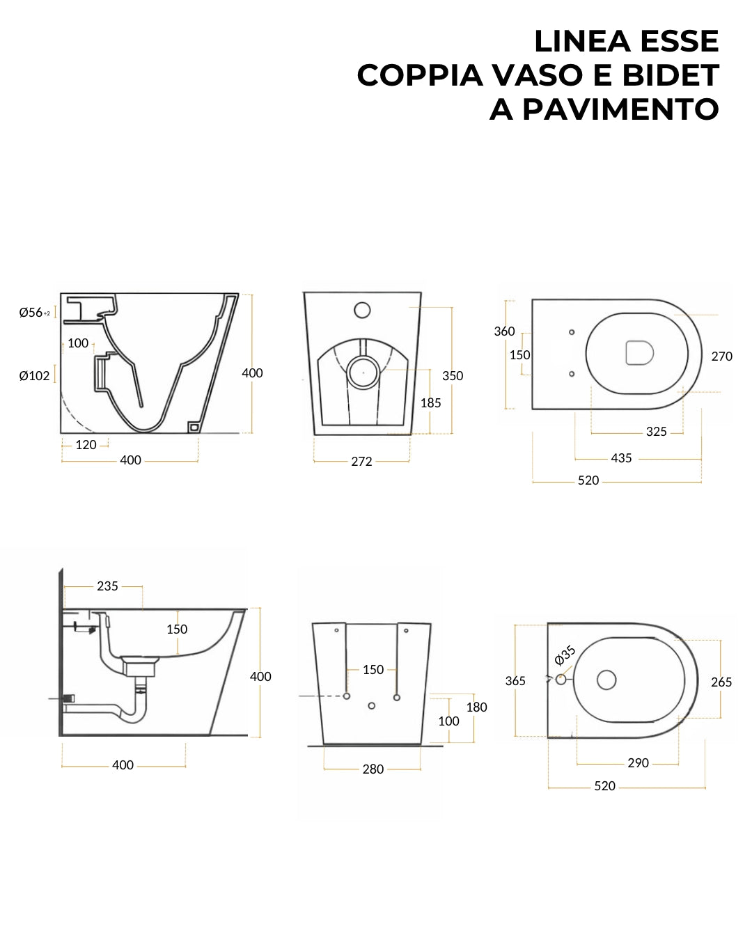 Coppia sanitari filo muro a pavimento: vaso rimless e bidet in ceramica con sedile soft close bianco lucido Linea Esse