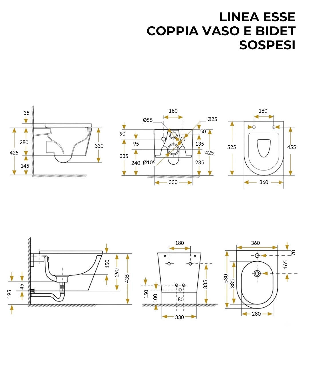 Coppia sanitari sospesi rimless in ceramica sedile soft close bianco lucido Linea Esse