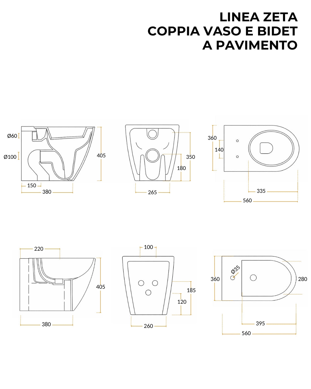 Sanitari filomuro ceramica vaso e bidet con sedile chiusura rallentata Linea Zeta
