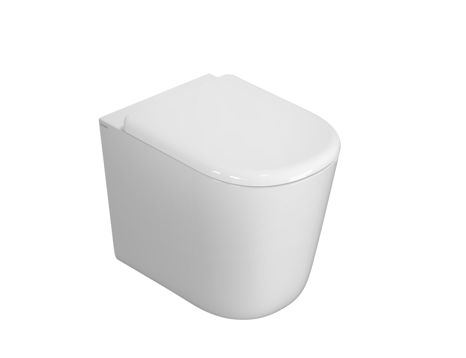 Globo Lalita Vaso Senza Brida Filo Parete A Pavimento Senza 00 Bianco in ceramica e lucido ambientato su piano bagno con...