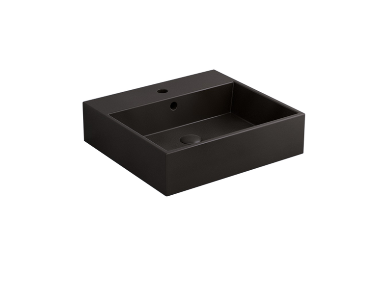 Cielo Smile lavabo 50x46 monoforo rettangolare sospeso o da in ceramica ambientato su piano bagno con accessori
