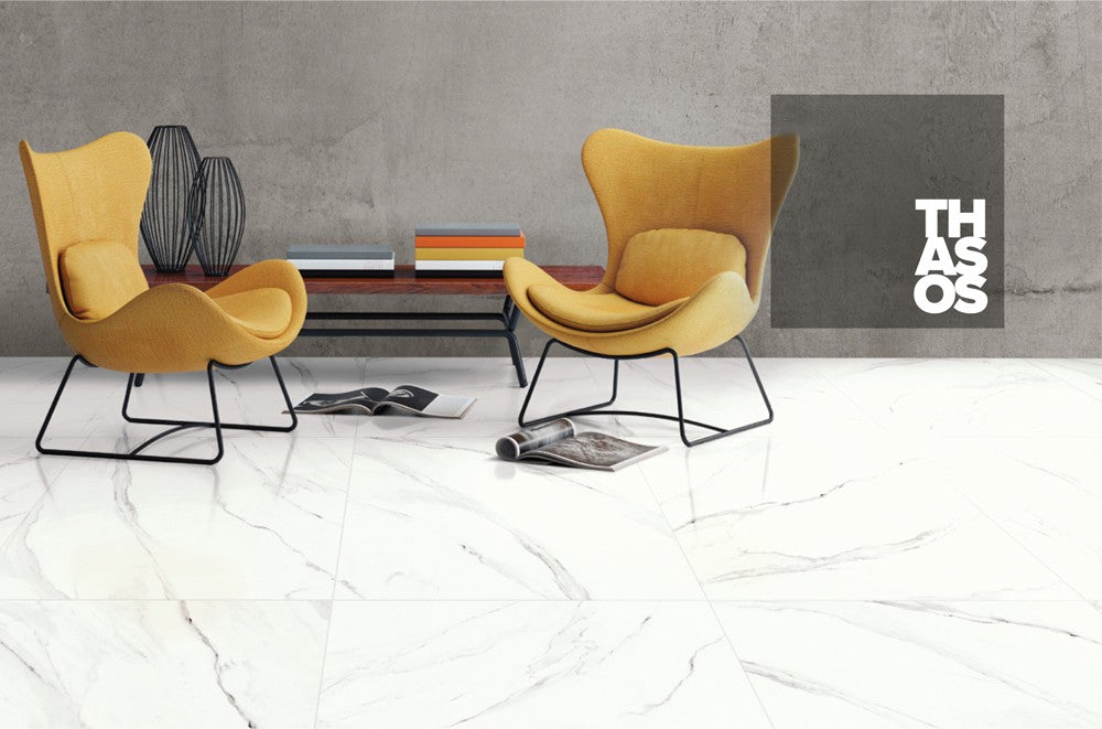 Pavimento rivestimento 60x120 rettificato effetto Marmo Bianco Lucido posata in ambiente arredato, dettaglio della...