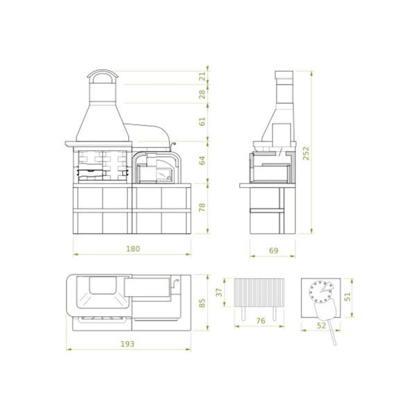 Palazzetti Malibu 2 barbecue a legna con forno pizza a destra e Piano in Marmotech effetto granito rosso