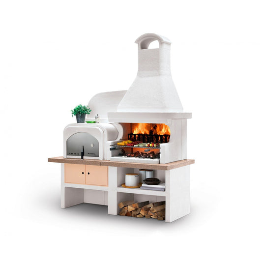 Palazzetti MalibÃ¹ 2 barbecue a legna con forno pizza a sinistra e Piano in Marmotech effetto granito rosso