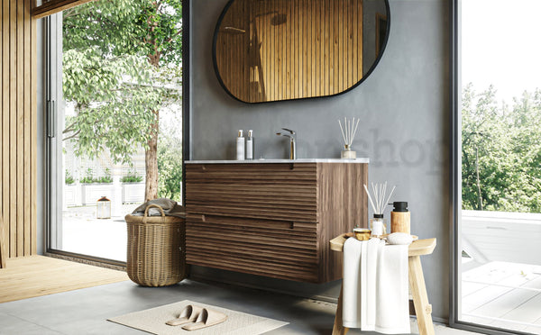 Mobile bagno noce 80x45 Mango due cassetti soft close effetto legno con lavabo in ceramica lucida