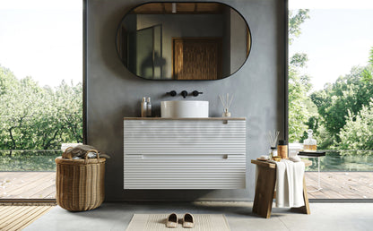 Mobile bagno bianco opaco 100x45 Mango due cassetti soft close con top quercia e lavabo tondo da appoggio in ceramica lucida