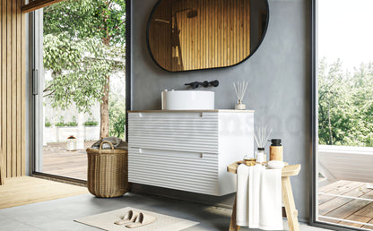 Mobile bagno bianco opaco 100x45 Mango due cassetti soft close con top quercia e lavabo tondo da appoggio in ceramica lucida