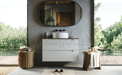 Mobile bagno bianco opaco 80x45 Mango due cassetti soft close con top noce e lavabo tondo da appoggio in ceramica lucida