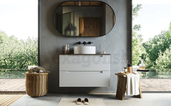 Mobile bagno bianco opaco 80x45 Mango due cassetti soft close con top noce e lavabo tondo da appoggio in ceramica lucida