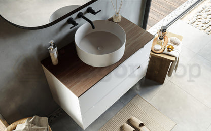 Mobile bagno bianco opaco 80x45 Mango due cassetti soft close con top noce e lavabo tondo da appoggio in ceramica lucida