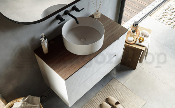 Mobile bagno bianco opaco 80x45 Mango due cassetti soft close con top noce e lavabo tondo da appoggio in ceramica lucida