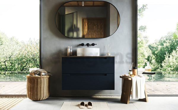 Mobile bagno blu notte 80x45 Mango due cassetti soft close con top noce e lavabo tondo da appoggio in ceramica lucida
