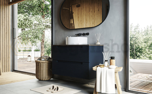 Mobile bagno blu notte 80x45 Mango due cassetti soft close con top noce e lavabo tondo da appoggio in ceramica lucida