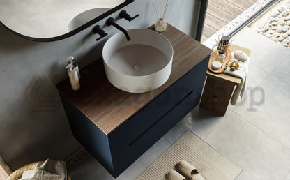 Mobile bagno blu notte 80x45 Mango due cassetti soft close con top noce e lavabo tondo da appoggio in ceramica lucida