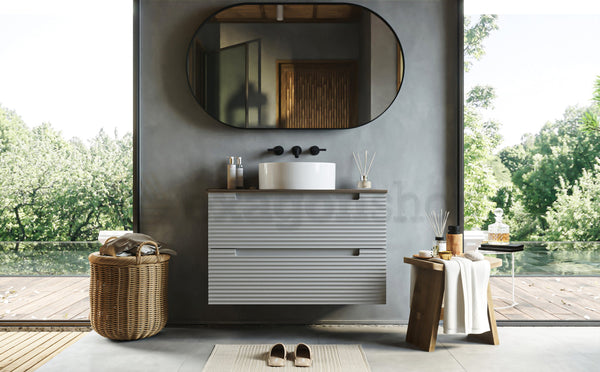 Mobile bagno clear grey 80x45 Mango due cassetti soft close con top noce e lavabo tondo da appoggio in ceramica lucida