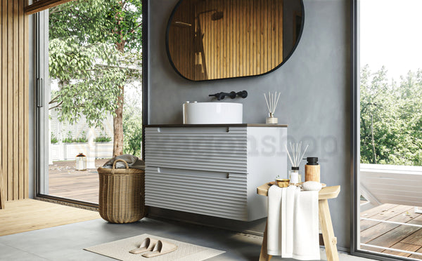 Mobile bagno clear grey 80x45 Mango due cassetti soft close con top noce e lavabo tondo da appoggio in ceramica lucida