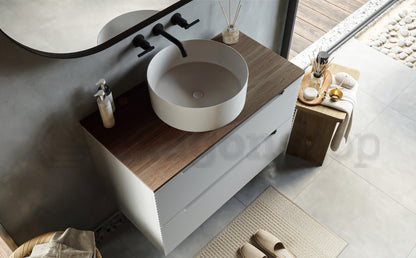 Mobile bagno clear grey 80x45 Mango due cassetti soft close con top noce e lavabo tondo da appoggio in ceramica lucida