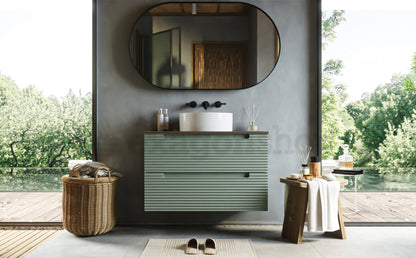 Mobile bagno muschio 80x45 Mango due cassetti soft close con top noce e lavabo tondo da appoggio in ceramica lucida