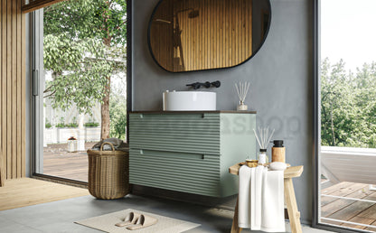 Mobile bagno muschio 80x45 Mango due cassetti soft close con top noce e lavabo tondo da appoggio in ceramica lucida