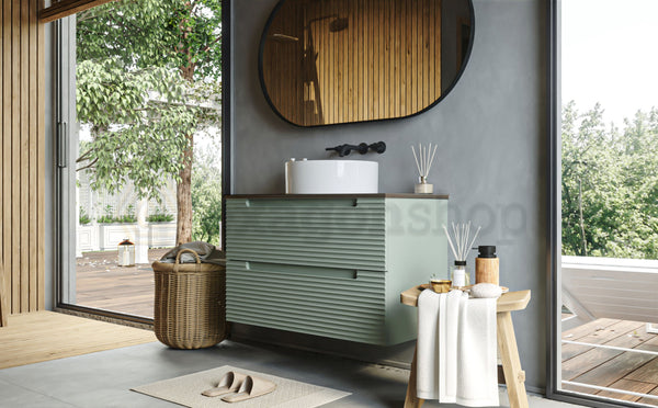Mobile bagno muschio 80x45 Mango due cassetti soft close con top noce e lavabo tondo da appoggio in ceramica lucida